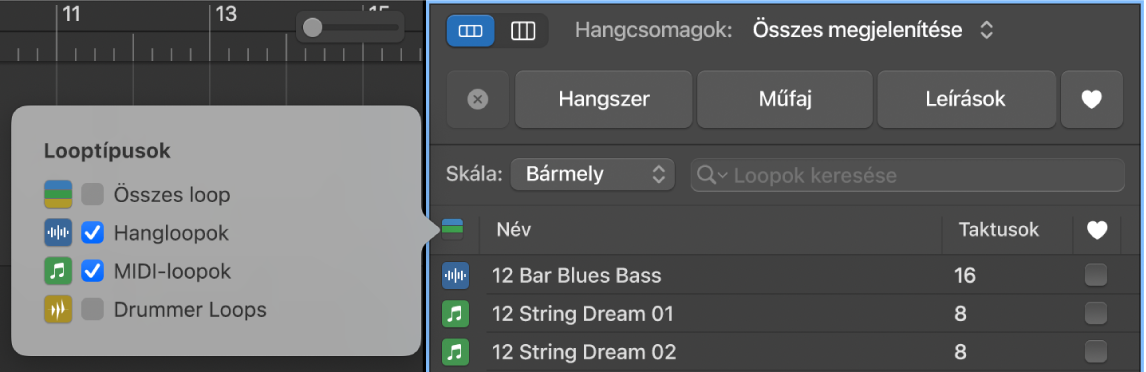 A Looptípusok gomb használata loopok szűréséhez.