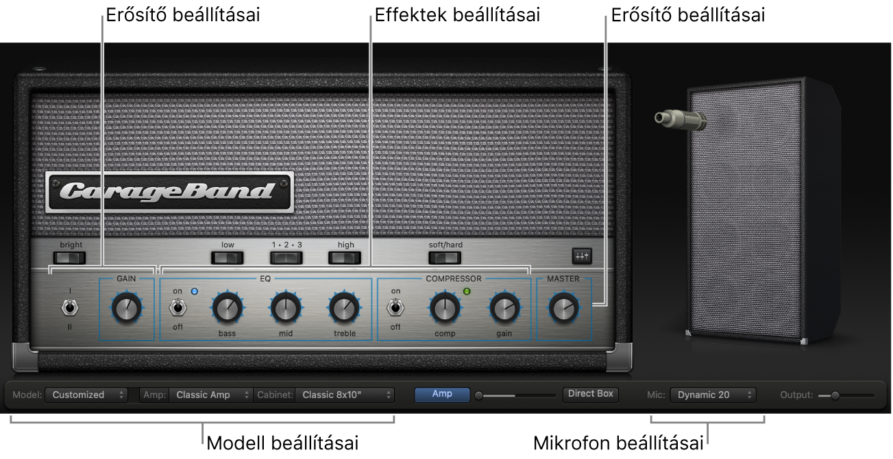 Különböző vezérlőterületeket megjelenítő Bass Amp Designer-ablak.