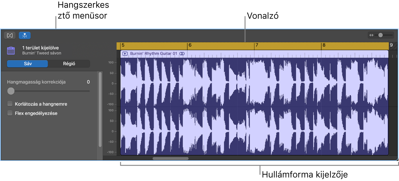 A Hangszerkesztő egy kijelölt területtel