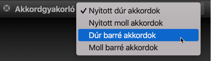 Akkordgyakorló előugró menü.