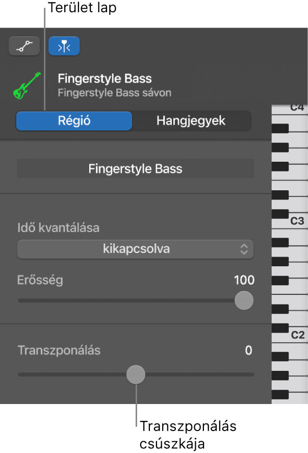A Zongoratekercs-szerkesztő vizsgálója a Terület gombbal és a Transzponálás csúszkájával.