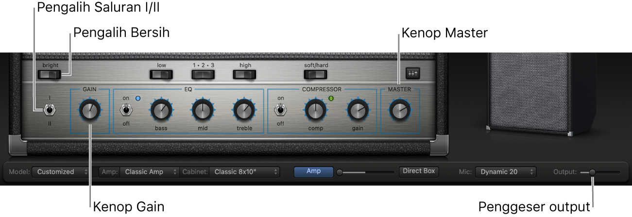 Kontrol Amp Designer Bass meliputi pengalih Nyaring, kenop Gain, tombol Saluran I dan II, serta kenop Master.