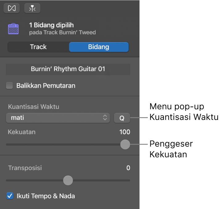 Inspektur Editor Audio, yang menampilkan menu pop-up Kuantisasi Waktu dan penggeser Kekuatan.