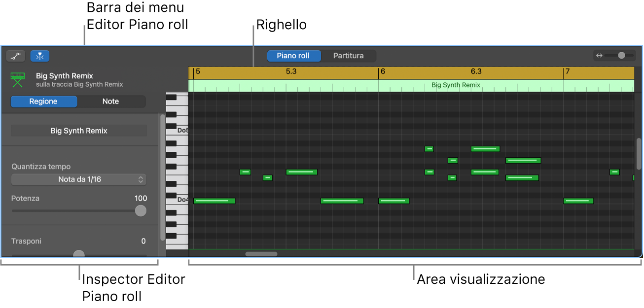 Editor Piano roll che indica un evento nota MIDI.