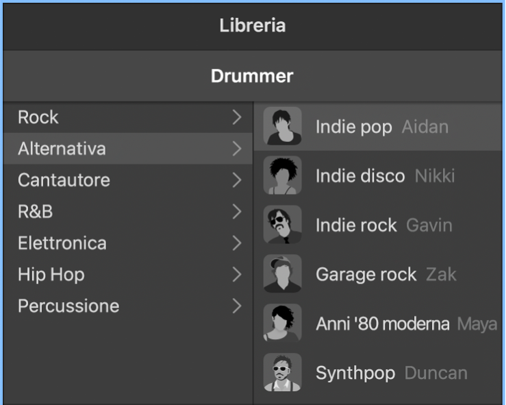 Scheda Carattere nell'editor Drummer.