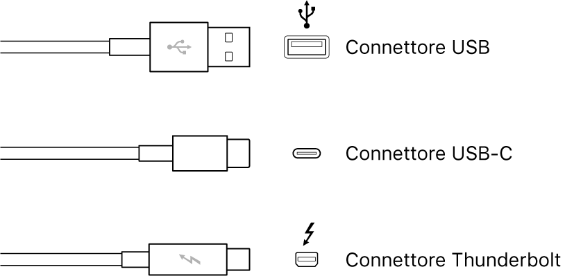 Illustrazione con alcuni connettori USB e Thunderbolt.