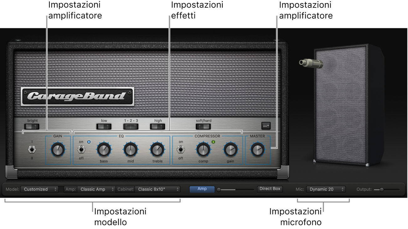 Finestra Bass Amp Designer, che mostra diverse aree di controllo.