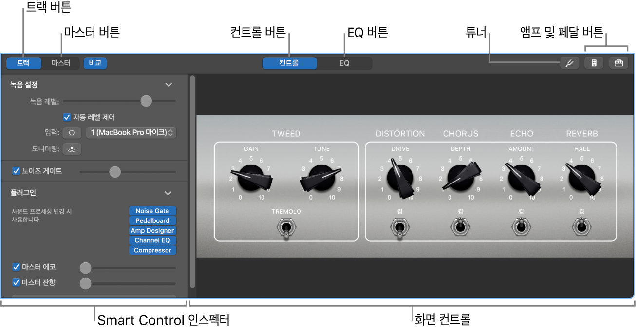 열린 Smart Controls 패널이 화면 컨트롤과 메뉴 막대를 표시.