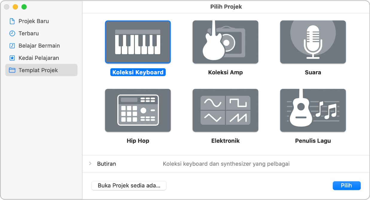 Pemilih Projek yang menunjukkan templat Projek Baharu.