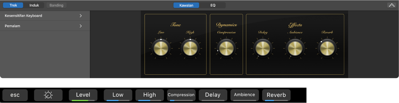 Rajah. Smart Controls trek perisian instrumen dan pintasan skrin Smart Controls dinamik.