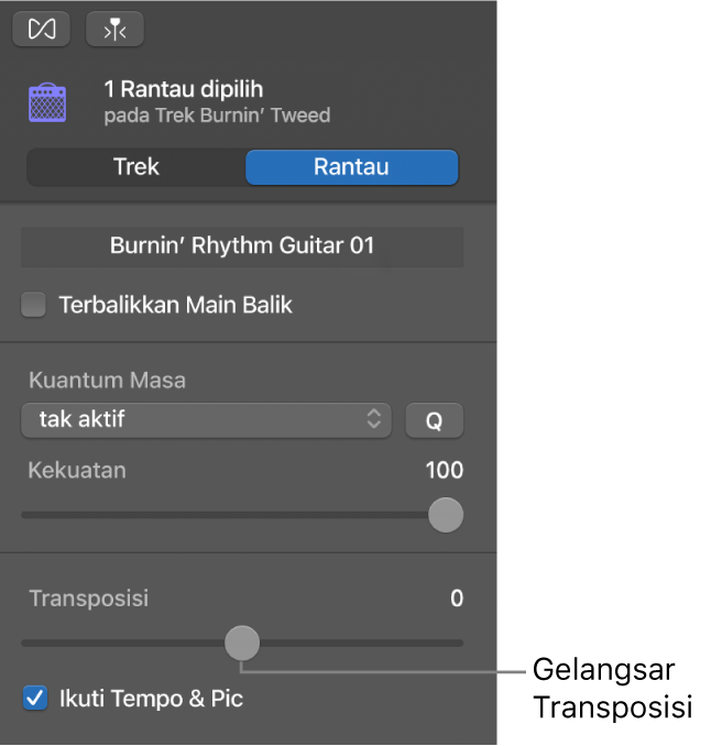 Pemeriksa Editor Audio dalam mod Rantau, menunjukkan gelangsar Transposisi.