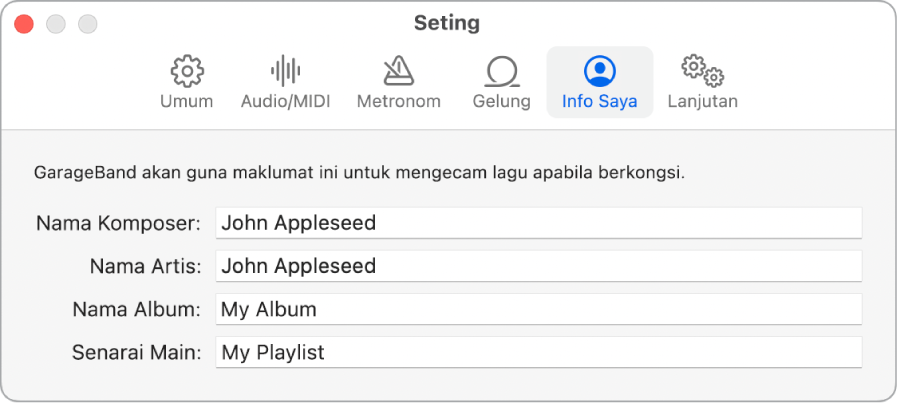 Anak tetingkap Seting Info Saya