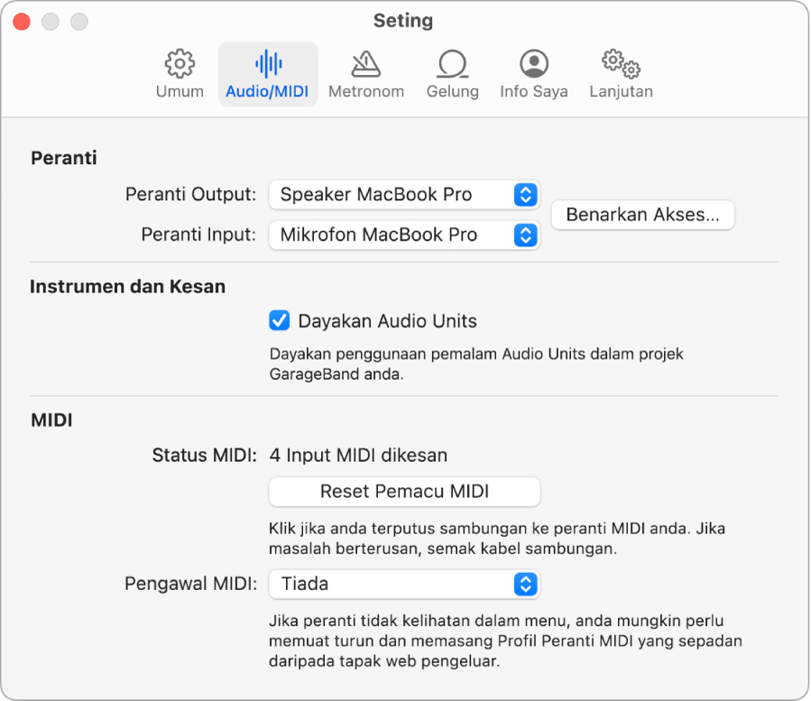 Anak tetingkap Seting Audio/MIDI.