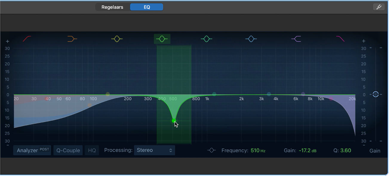 EQ-weergave in het gebied voor Smart Controls.