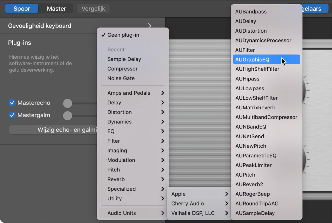 Een Audio Units-plug-in kiezen uit het pop‑upmenu 'Audio Units' in het Plug-ins-gebied.