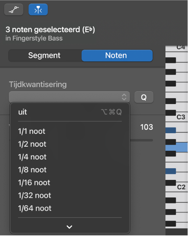 Een waarde kiezen uit het pop‑upmenu 'Tijdkwantisering' in het infovenster van de pianorol-editor.