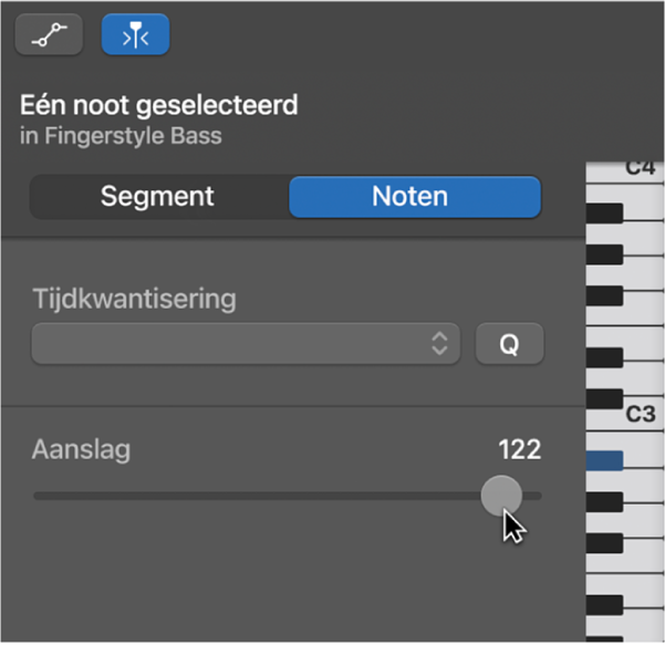 De aanslag van noten wijzigen in de pianorol-editor.