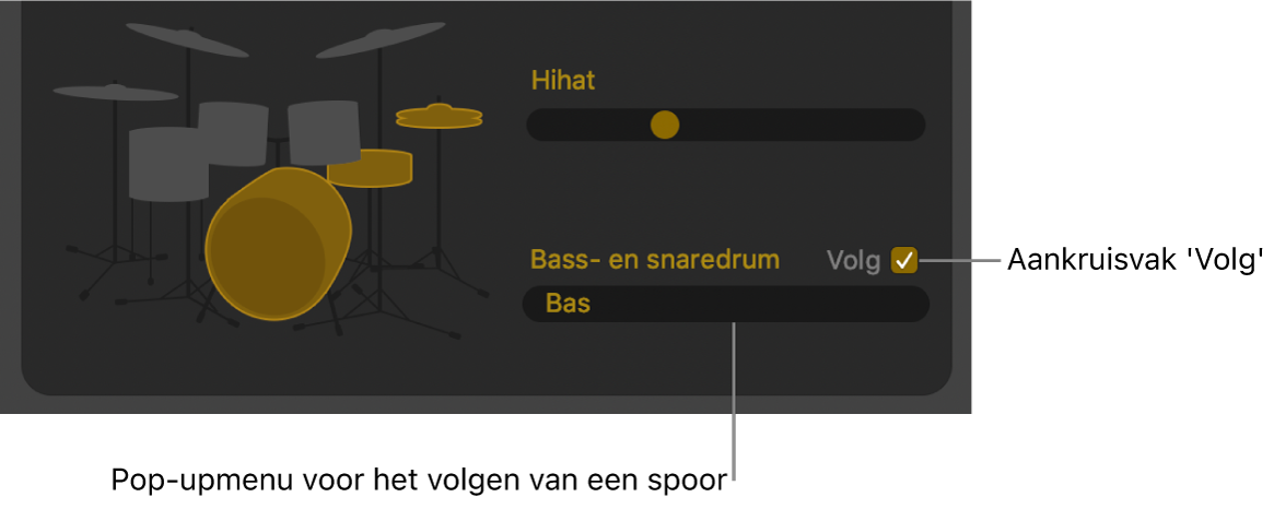 Drummer-editor met aankruisvak 'Volg' en pop‑upmenu voor het volgen van een spoor.