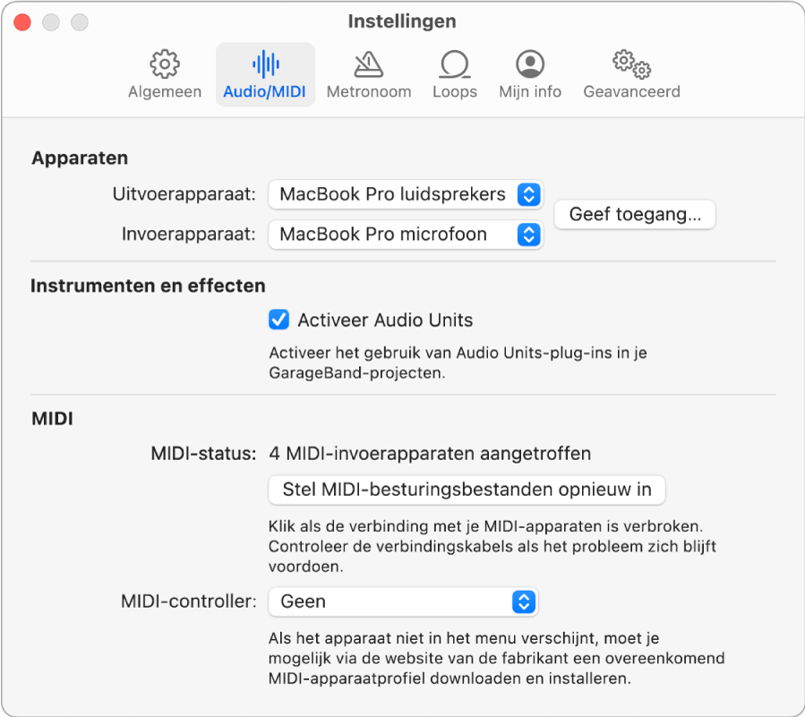 Instellingenpaneel 'Audio/MIDI'.