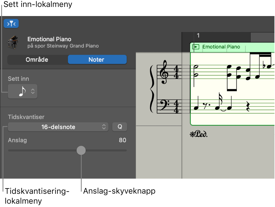 Noteredigerer-inspektøren i Noter-modus, med kontroller.