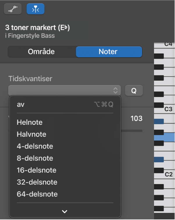 Valg av en verdi fra Tidskvantiser-lokalmenyen i Pianorullredigerer-inspektør.