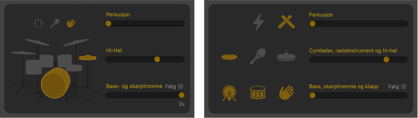 Drummer-redigerer som viser mønstervariasjonskontroller.