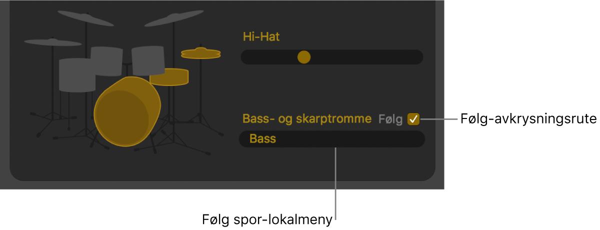 Drummer-redigerer som viser Følg-avkrysningsruten og Følg spor-lokalmenyen.