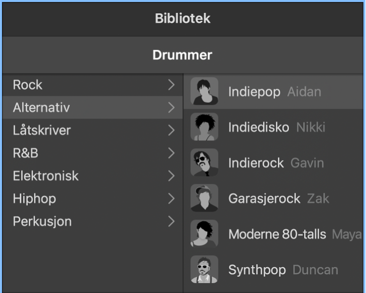 Karakterkort i Drummer-redigerer.