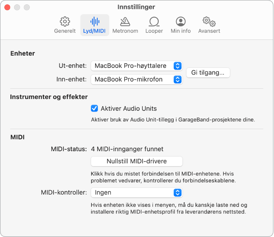 Innstillingspanelet Lyd/MIDI.