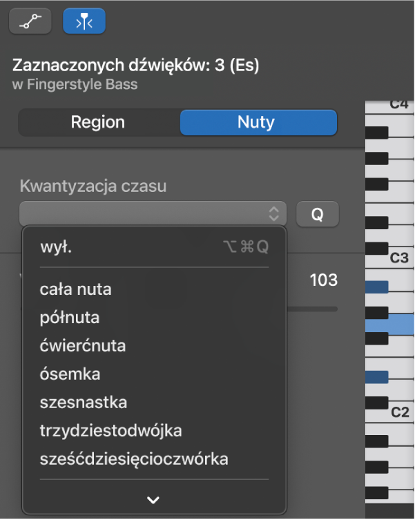 Wybór wartości w menu Kwantyzacja czasu w inspektorze edytora pianoli.