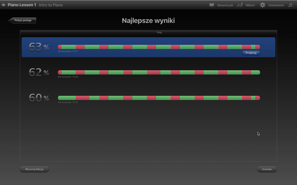 Okno z najlepszymi wynikami.