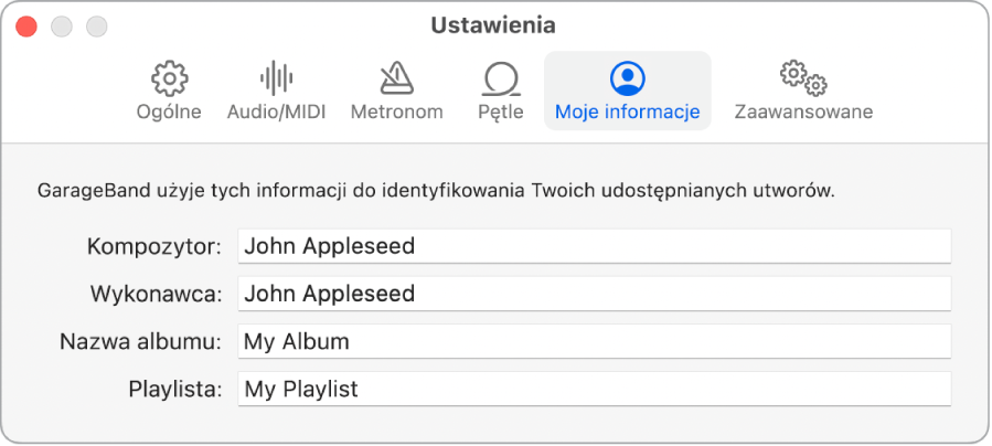 Panel ustawień Moje informacje.