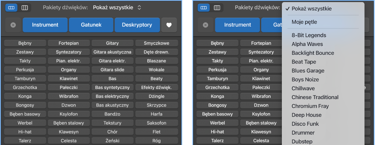 Rozwinięte menu podręczne Pętle.