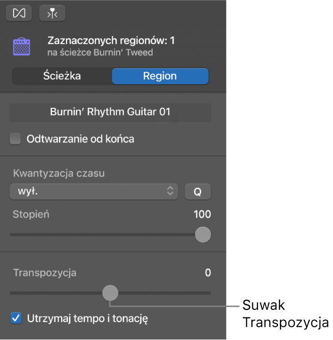 Inspektor edytora audio w trybie regionu z suwakiem Transpozycja.