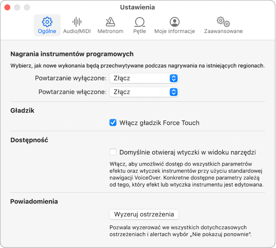Panel ustawień Ogólne.