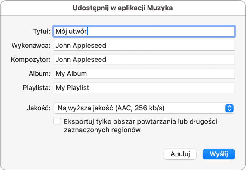 Okno dialogowe udostępniania w aplikacji Muzyka.