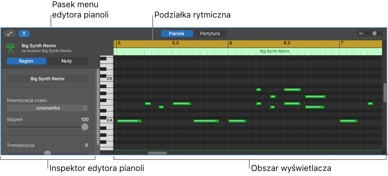 Edytor pianoli wskazuje zdarzenie dźwięku MIDI.