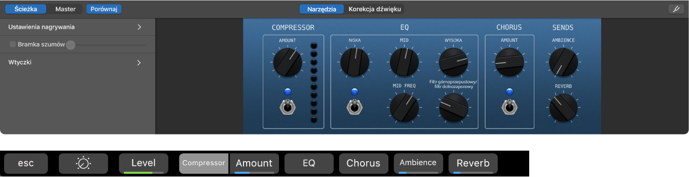 Ilustracja. Narzędzia Smart Controls gitary akustycznej oraz dynamiczne skróty ekranowe Smart Controls.