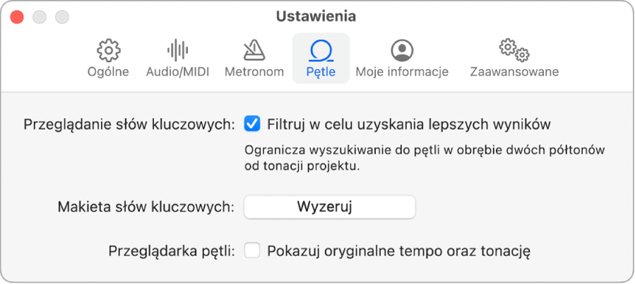 Panel ustawień Pętle.