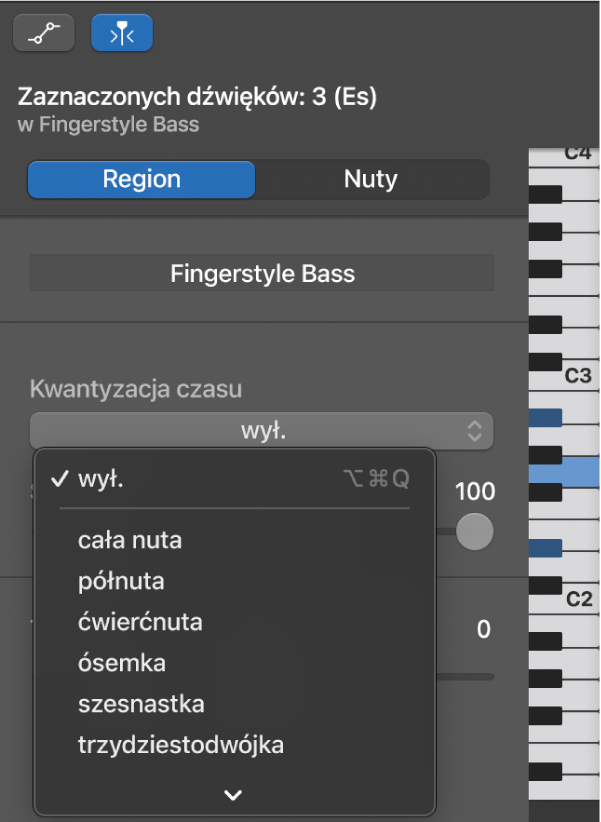 Wybór wartości w menu Kwantyzacja czasu w inspektorze edytora pianoli.