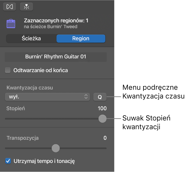 Inspektor edytora audio z menu podręcznym Kwantyzacja czasu oraz suwakiem Stopień.