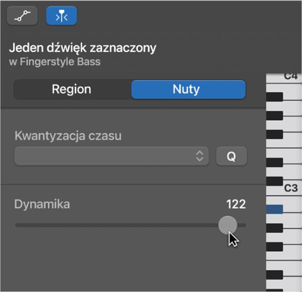 Edycja dynamiki dźwięku w edytorze pianoli