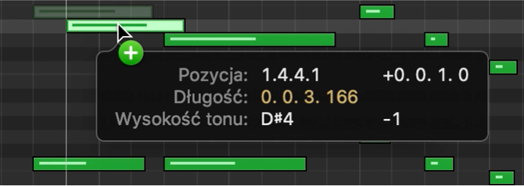 Przeciąganie z klawiszem Option w celu skopiowania dźwięku w edytorze pianoli.