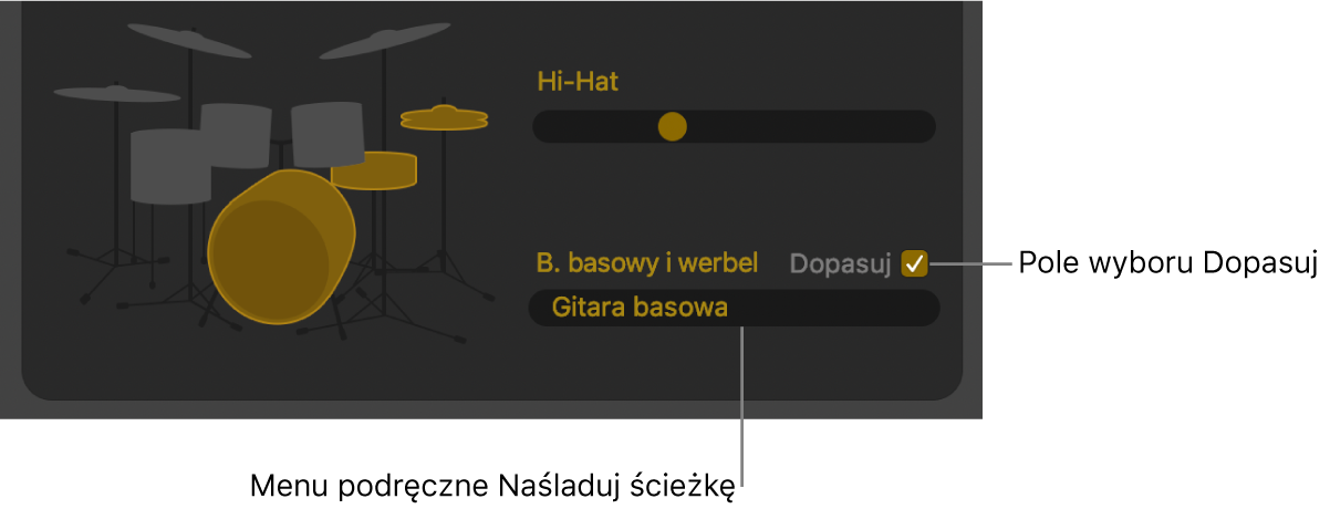 Edytor typu Drummer z polem wyboru Dopasuj oraz menu Wzoruj się na ścieżce.