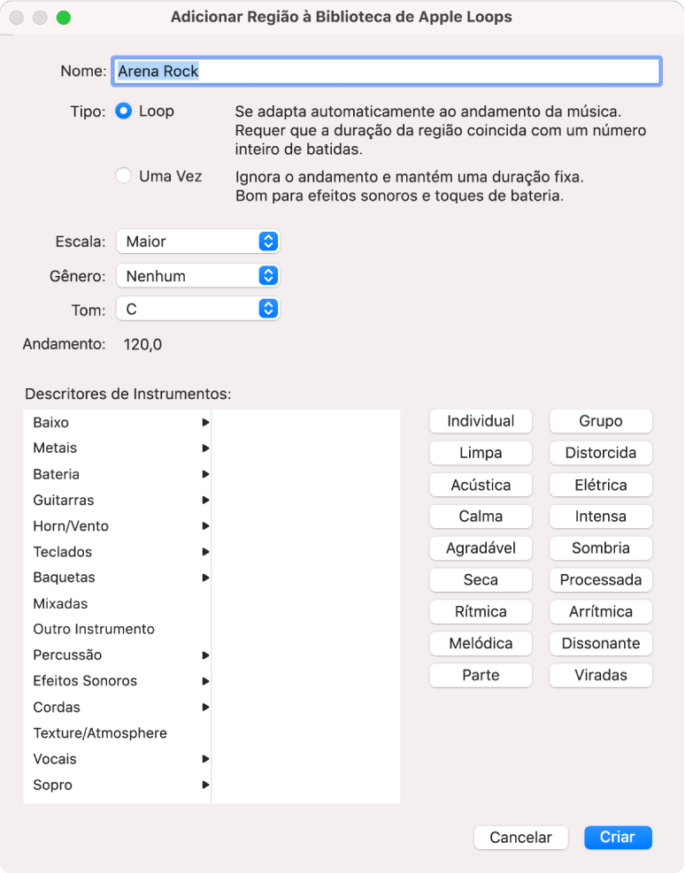 Caixa de diálogo Adicionar Região à Biblioteca de Apple Loops.
