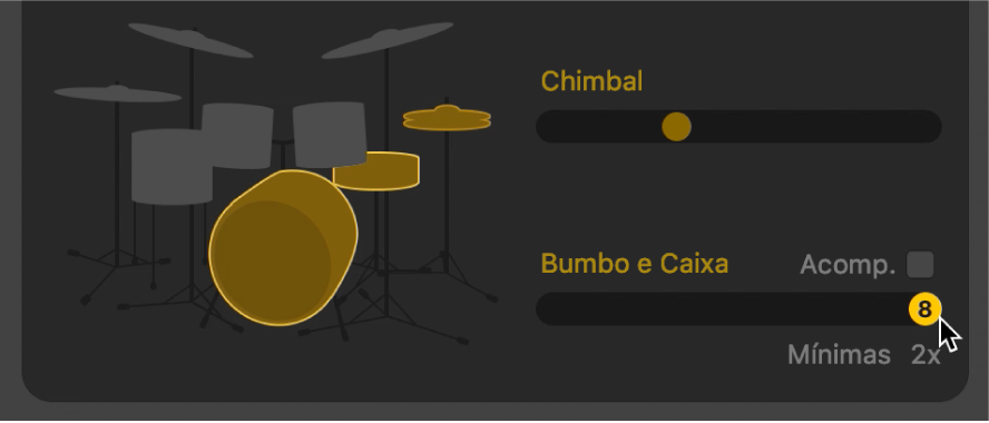 Editor de Drummer exibindo variações com metade do tempo e o dobro do tempo.