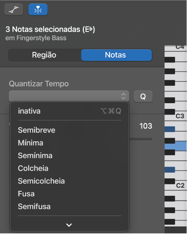 Escolhendo um valor no menu pop-up Quantizar Tempo no inspetor do Editor do Rolo de Piano.
