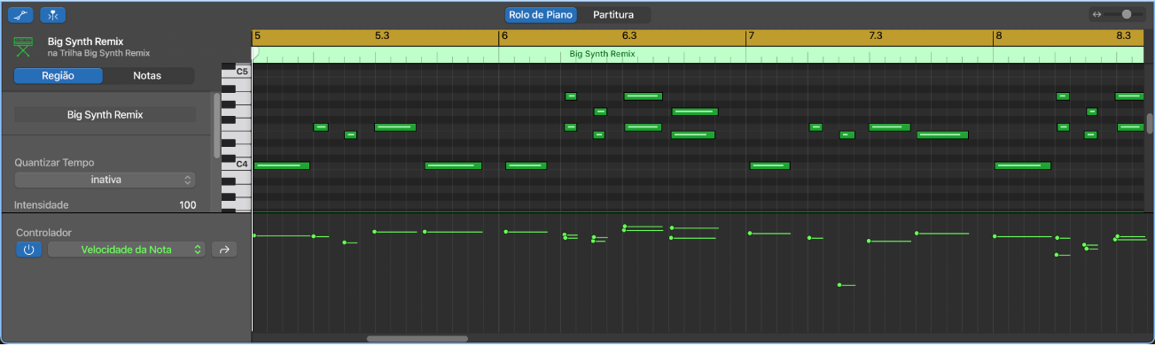 Linha de automação no Editor do Rolo de Piano.