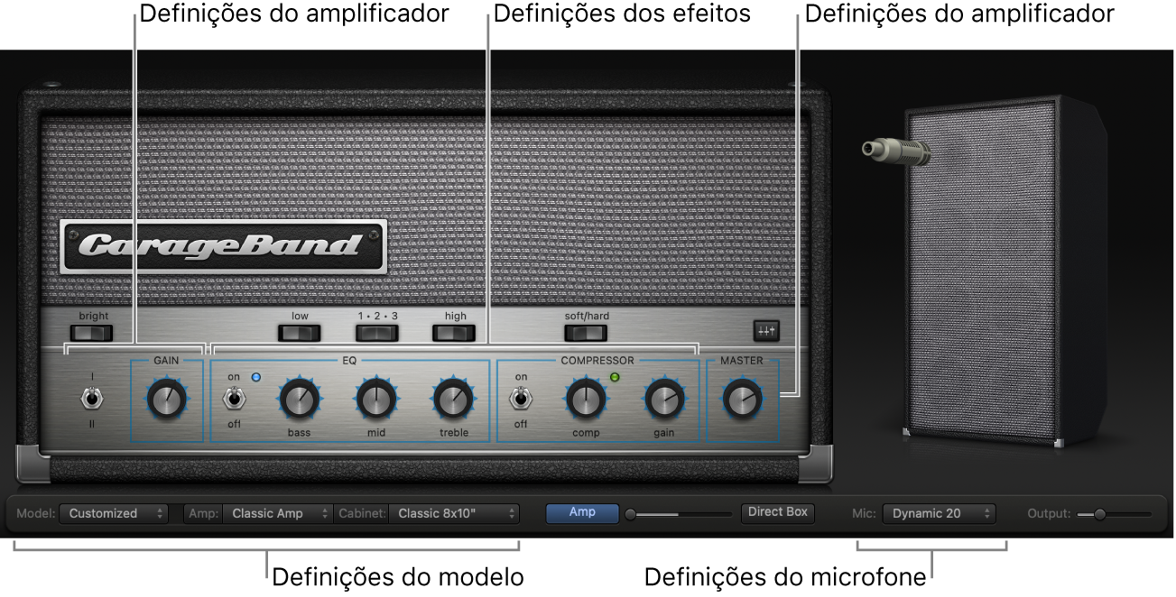 Janela do Bass Amp Designer, a mostrar as diferentes áreas de controlo.