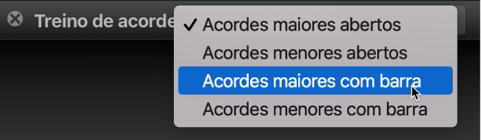 Menu pop-up “Treinador de acordes”.